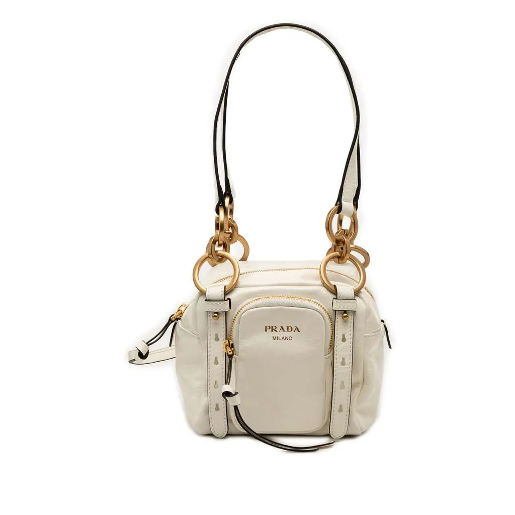 Prada Mini Soft Calfskin Dangle Top Handle Bag White Leather Very good - Front View