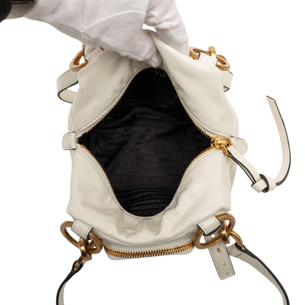 Prada Mini Soft Calfskin Dangle Top Handle Bag White Leather Good condition - Model View