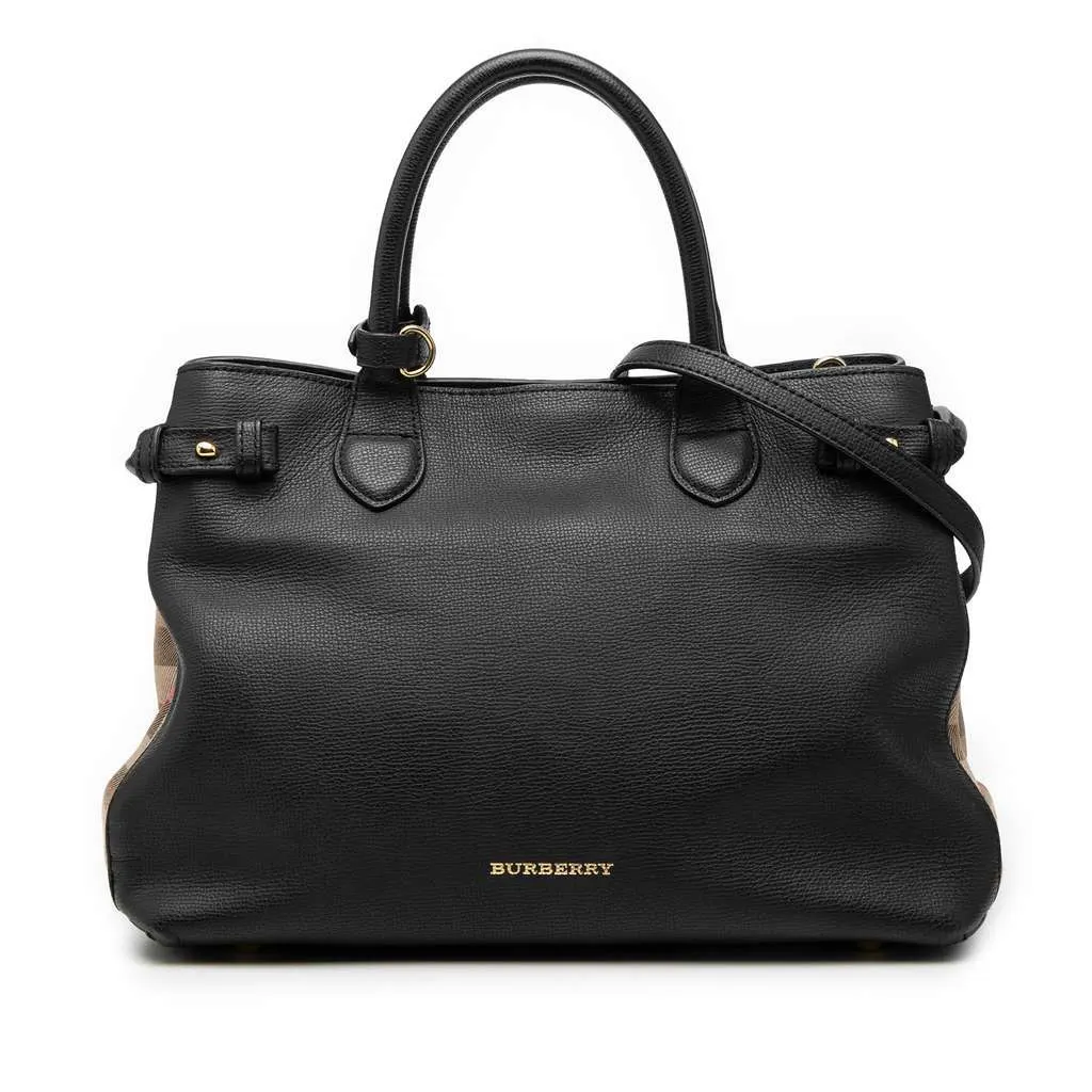 Burberry Medium Leather and House Check Banner Satchel Black Leather Very good - Front View