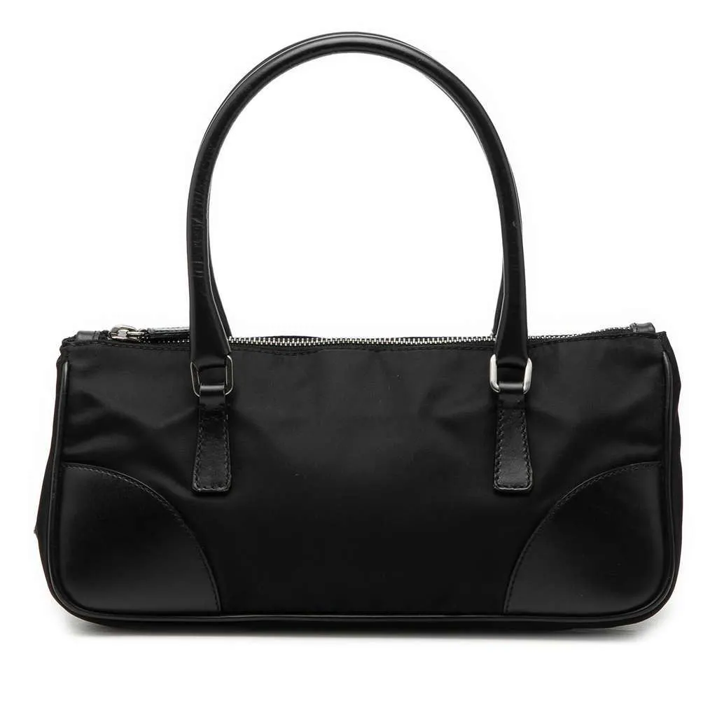 Prada Vitello Trimmed Tessuto Handbag Black Very good - Front View