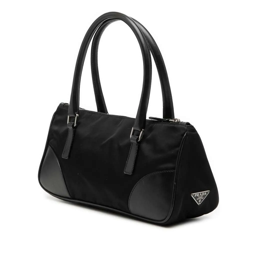 Prada Vitello Trimmed Tessuto Handbag Black Very good - Back View