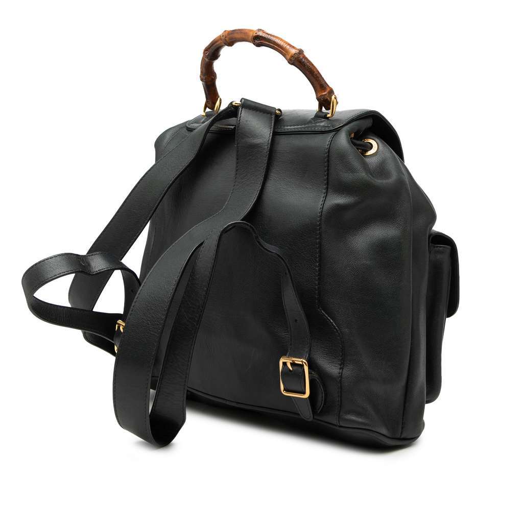 Gucci Calfskin Bamboo Drawstring Backpack Black Leather Good condition - Back View