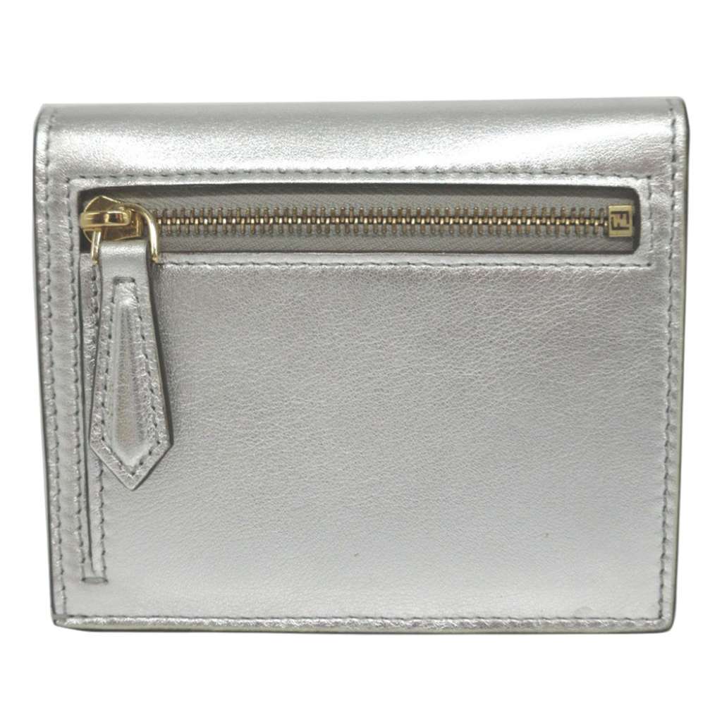 Fendi Metallic Leather Logo Bifold Compact Wallet Silver Leather Good condition - Back View
