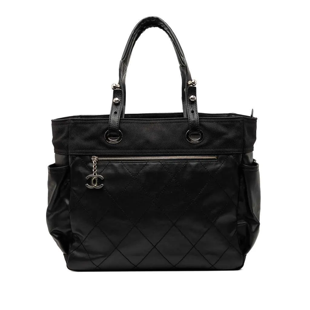 Chanel Large Quilted Coated Canvas Paris Biarritz Tote Black Canvas Good - Front View