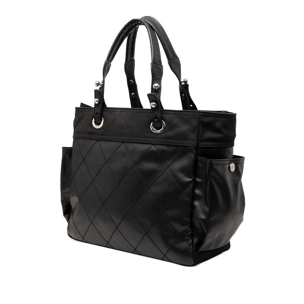Chanel Large Quilted Coated Canvas Paris Biarritz Tote Black Canvas Good - Back View