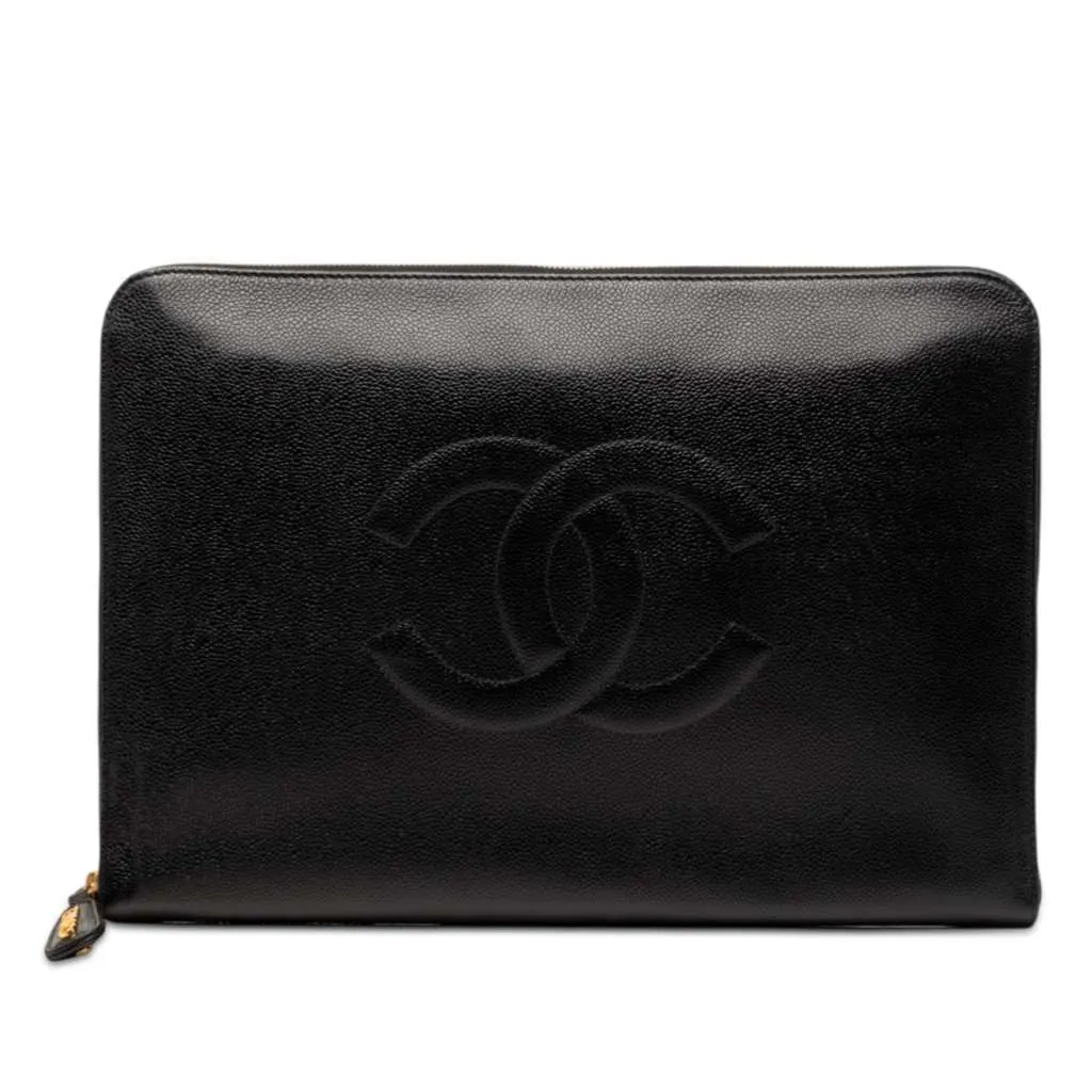 Chanel CC Caviar Documents Portfolio Clutch Black Leather Very good - Front View