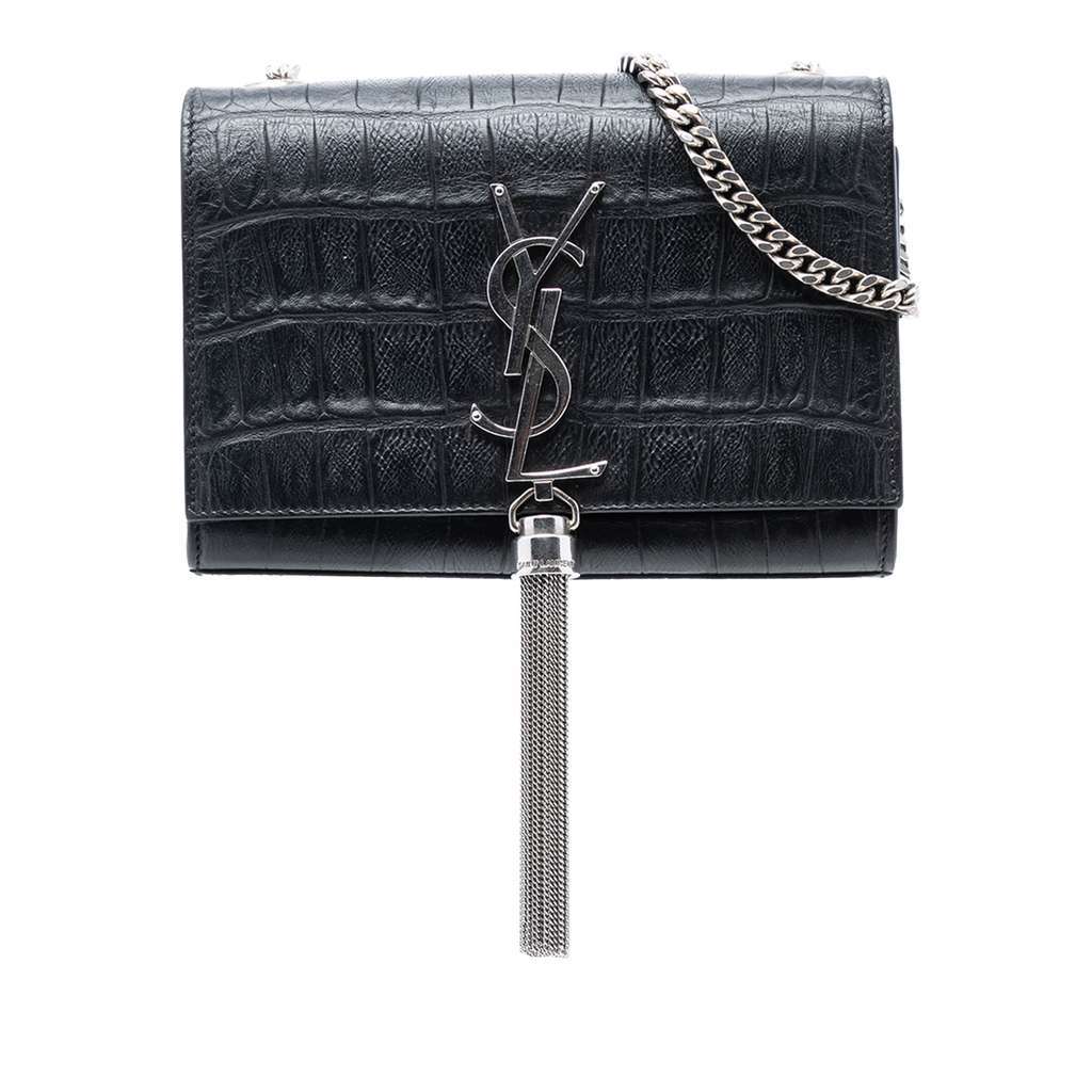 Saint Laurent Small Croc Embossed Leather Monogram Kate Tassel Crossbody