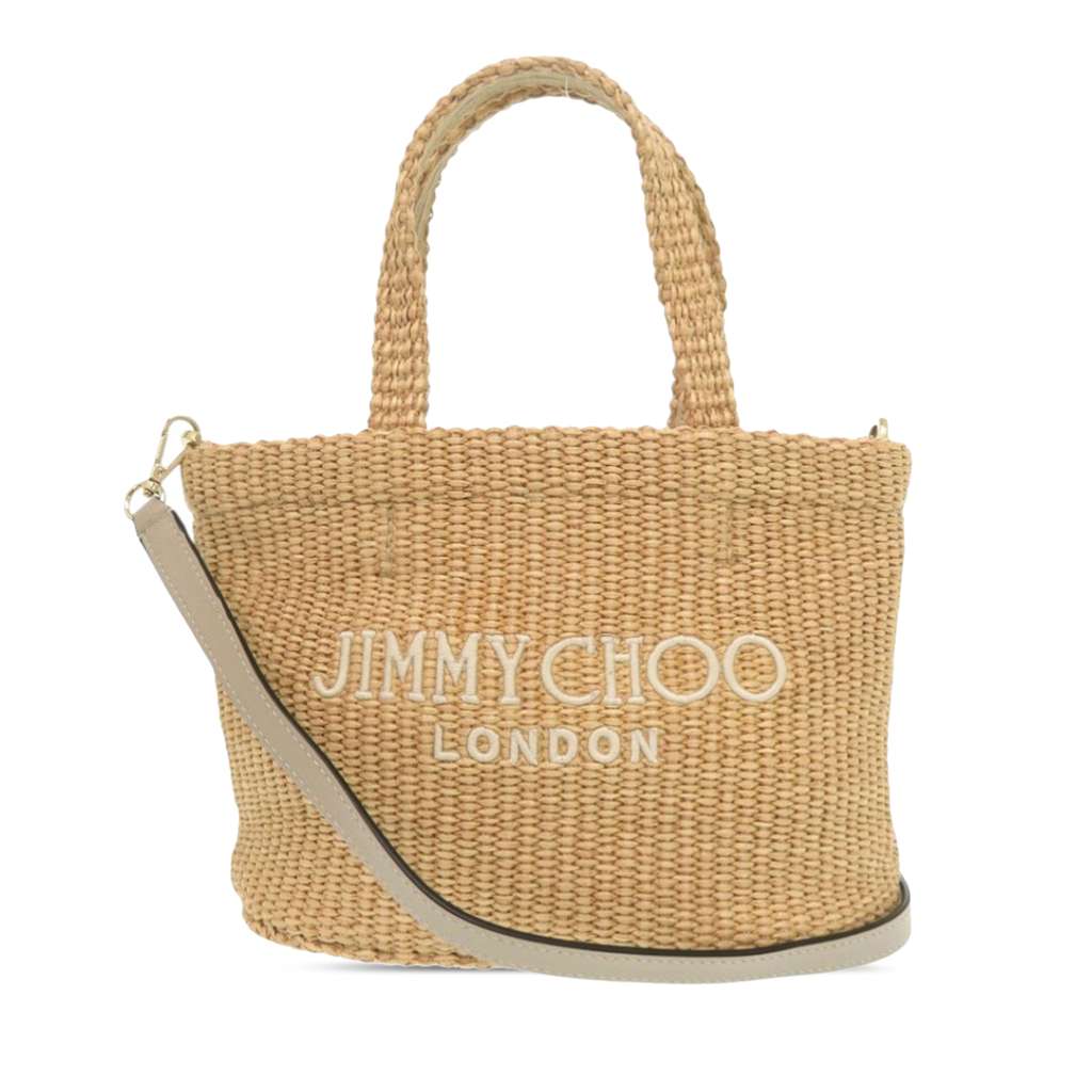 Jimmy Choo حقيبة شاطئ صغيرة من الرافيا بشعار مطرز من الشرق إلى الغرب