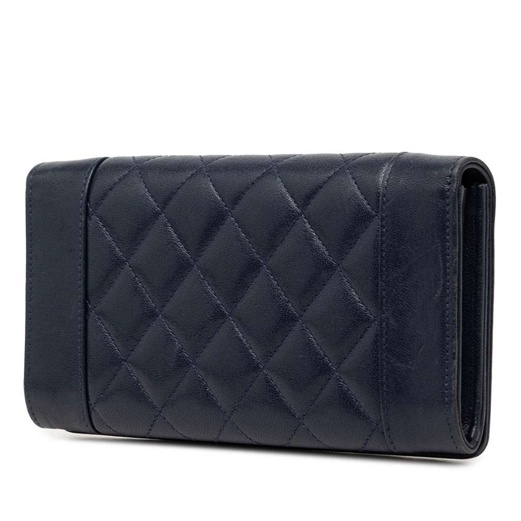 Chanel Quilted Chevron Sheepskin Mademoiselle Vintage Flap Long Wallet Blue Leather Good condition - Back View