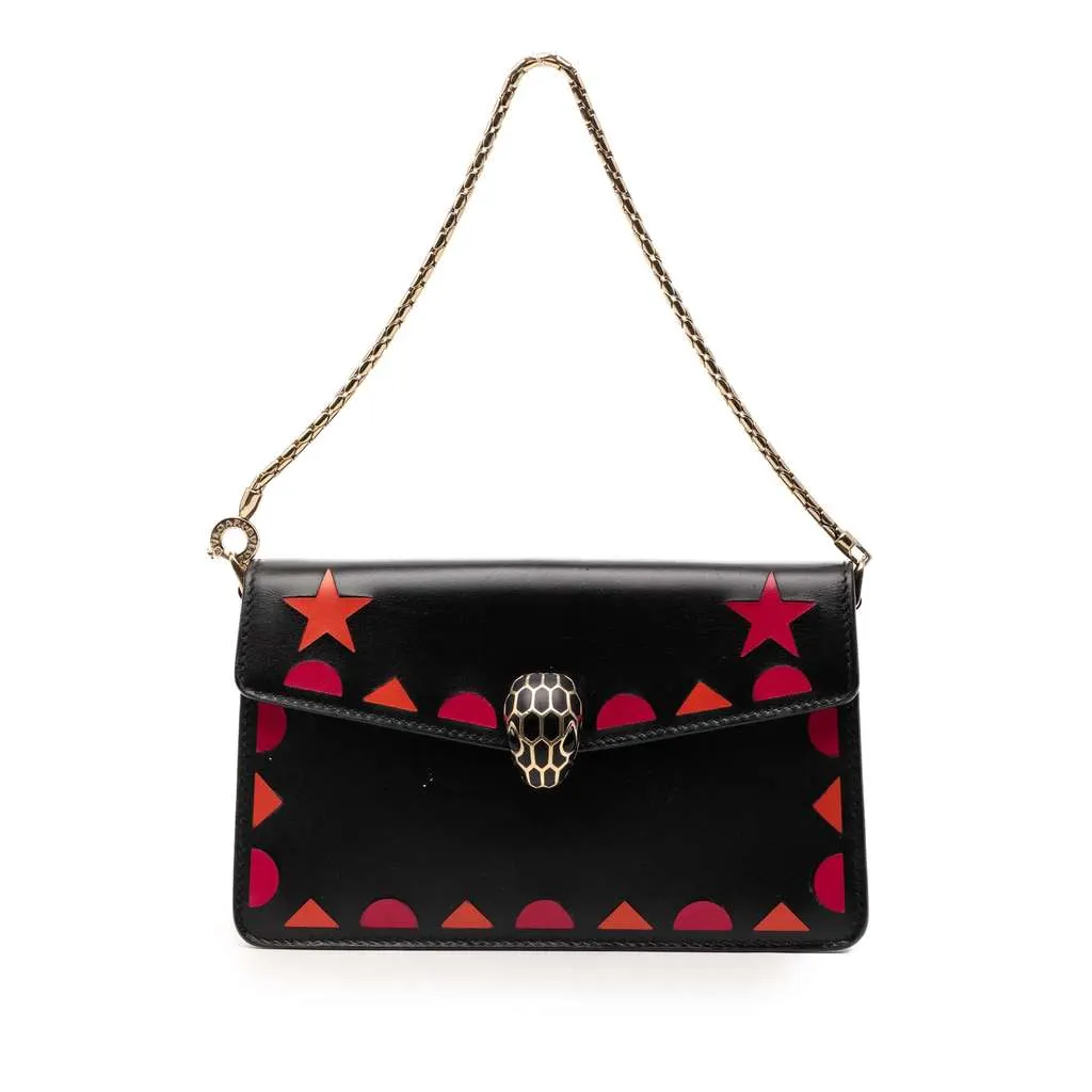 Bvlgari Mini Calfskin Geometric and Stars Patch Serpenti Forever Clutch with Chain Black Leather Very good - Front View
