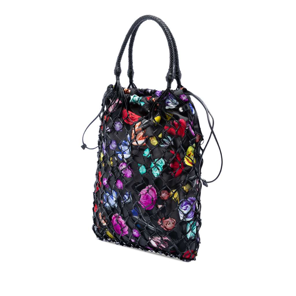 Prada Mesh Leather and Floral Printed Tessuto Tote Black Leather Good condition - Back View