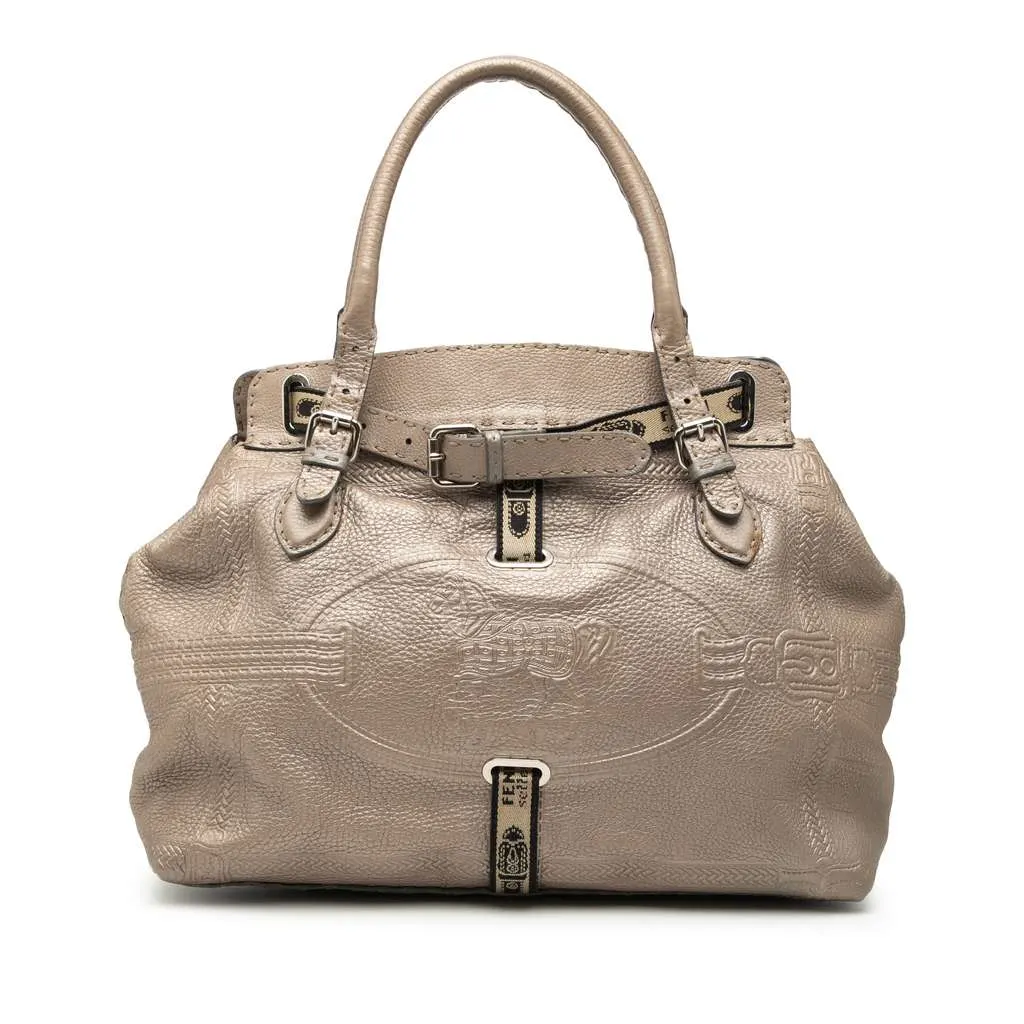 Fendi Large Leather Selleria Villa Borghese Tote Gold Leather Good - Front View