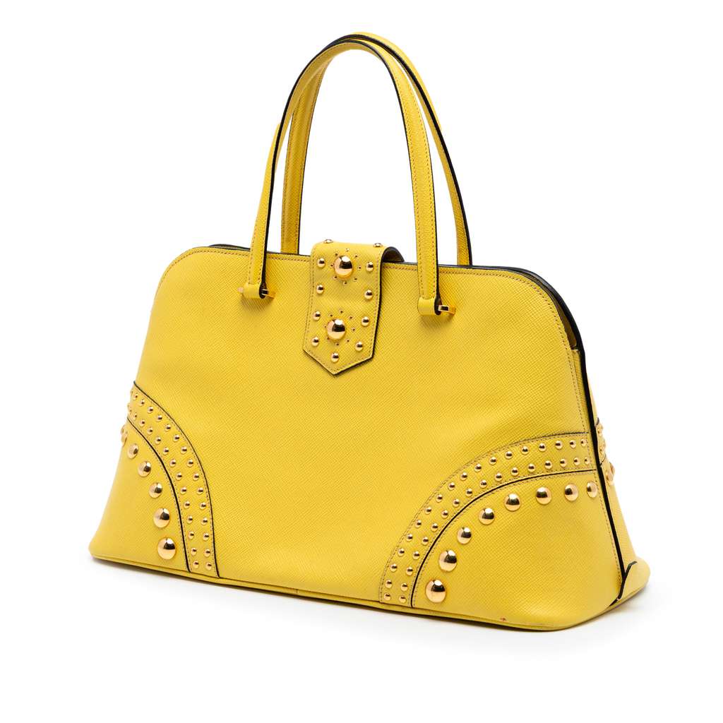 Prada Studded Saffiano Cuir Promenade Satchel Yellow Leather Good condition - Back View