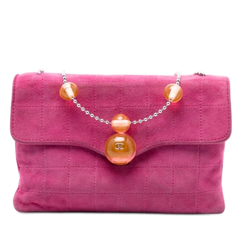 Chanel CC Choco Bar Suede Beaded Chain Flap Pink Leather Very good - Front View