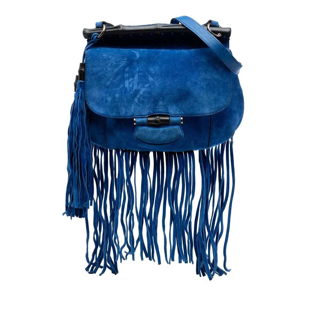 Gucci Medium Suede Bamboo Nouveau Fringe Crossbody Blue Leather Very good - Front View