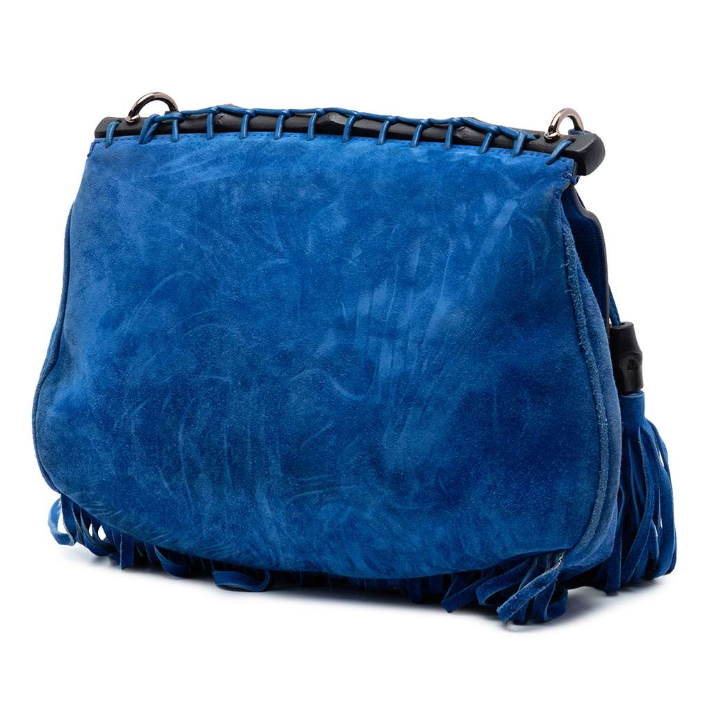 Gucci Medium Suede Bamboo Nouveau Fringe Crossbody Blue Leather Good condition - Back View