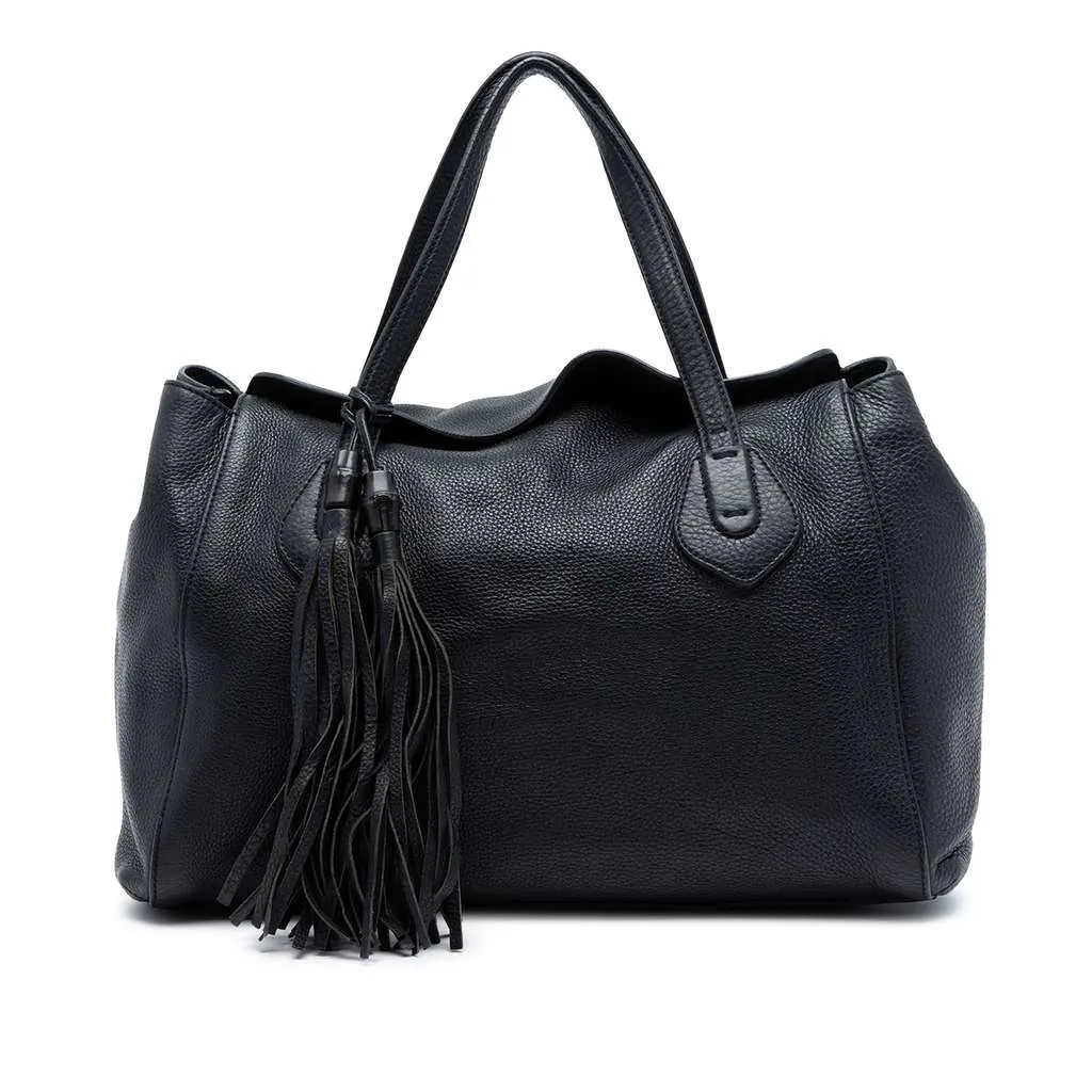Gucci Pebbled Leather Lady Tassel Tote Black Leather Good - Front View