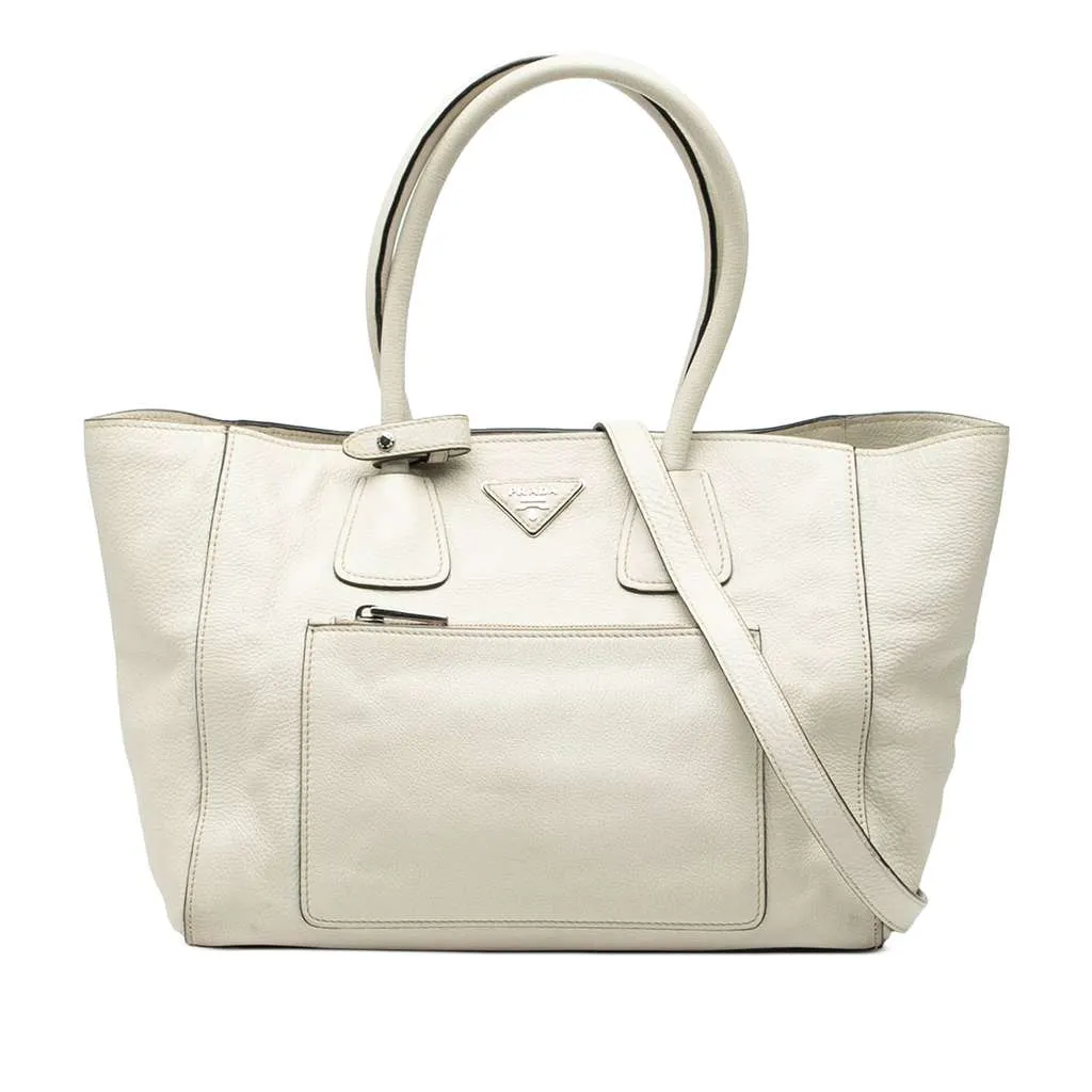 Prada Vitello Daino Front Pocket Open Convertible Tote White Leather Very good - Front View