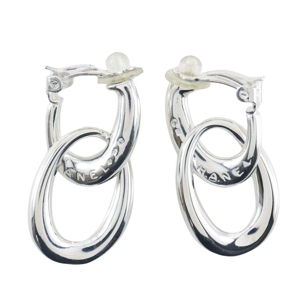 Chanel Sterling Silver Double Hoop Clip On Earrings Silver Silver Good condition - Model View