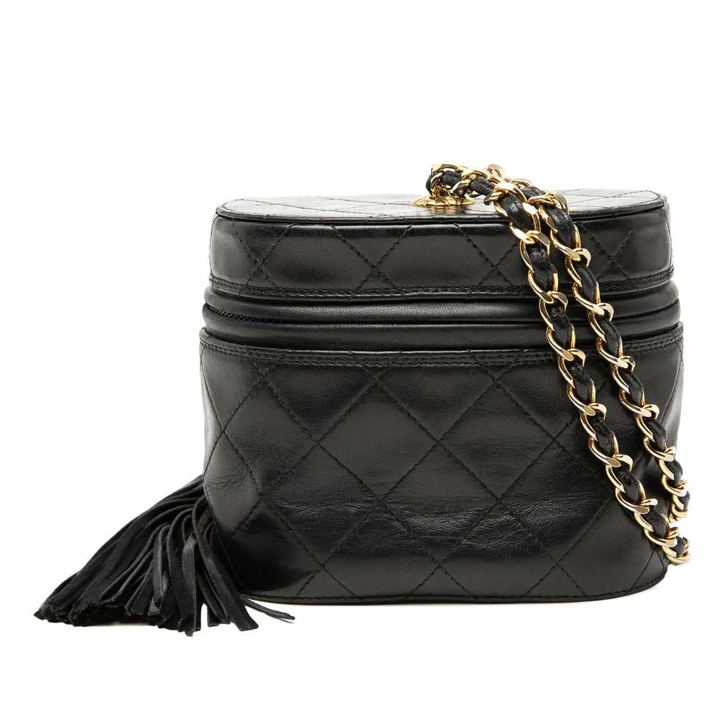 Chanel Quilted Lambskin Tassel Vanity Case with Chain Black Leather Very good - Front View