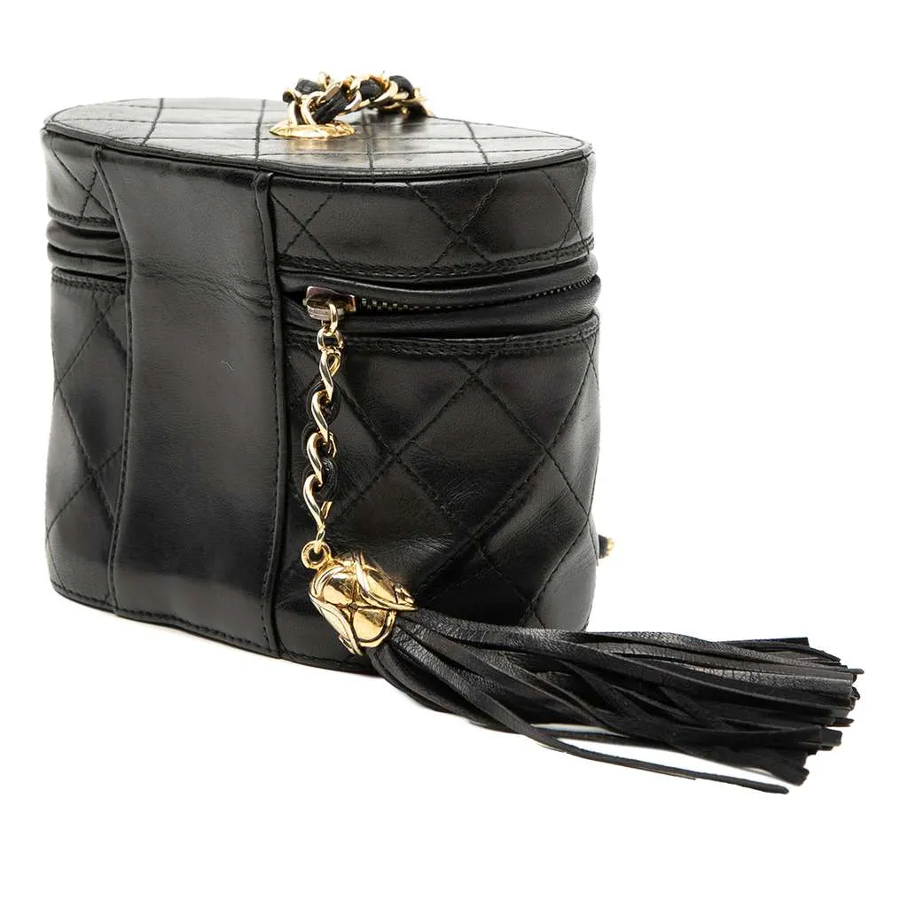 Chanel Quilted Lambskin Tassel Vanity Case with Chain Black Leather Very good - Back View
