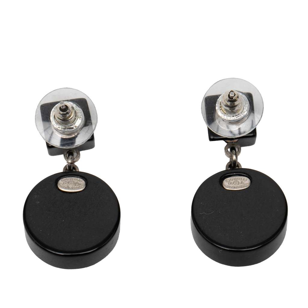 Chanel Resin CC Dice and Heart Crystal Drop Push Back Earrings Black Good condition - Back View