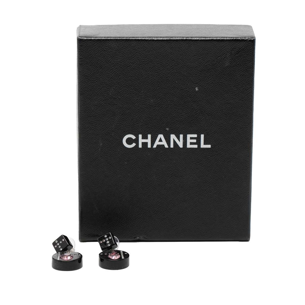 Chanel Resin CC Dice and Heart Crystal Drop Push Back Earrings Black Good condition - Model View