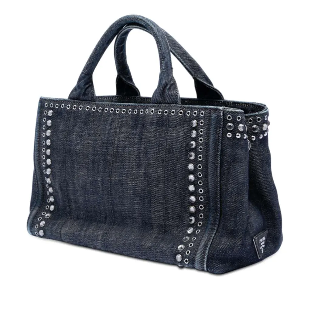 Prada Studded Denim Canapa Logo Satchel Grey Denim Very good - Back View