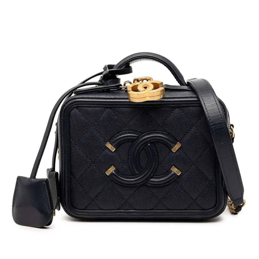 Chanel Small Caviar CC Filigree Vanity Case Blue Leather Very good - Front View