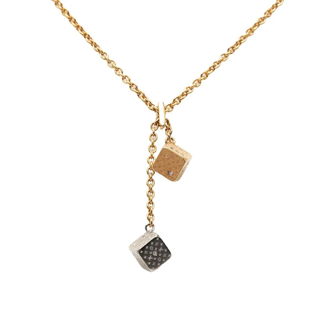 Louis Vuitton Gold Plated and Silver Plated Crystal Luckygram Game On Dice Pendant Necklace Gold Metal Very good - Back View