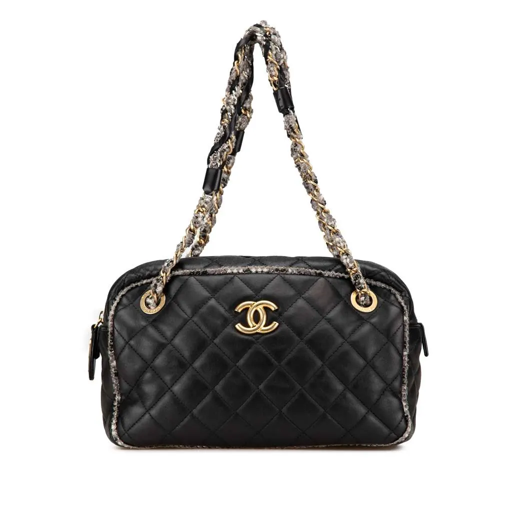 Chanel CC Quilted Lambskin Tweedy Bowler Bag Black Leather Very good - Front View