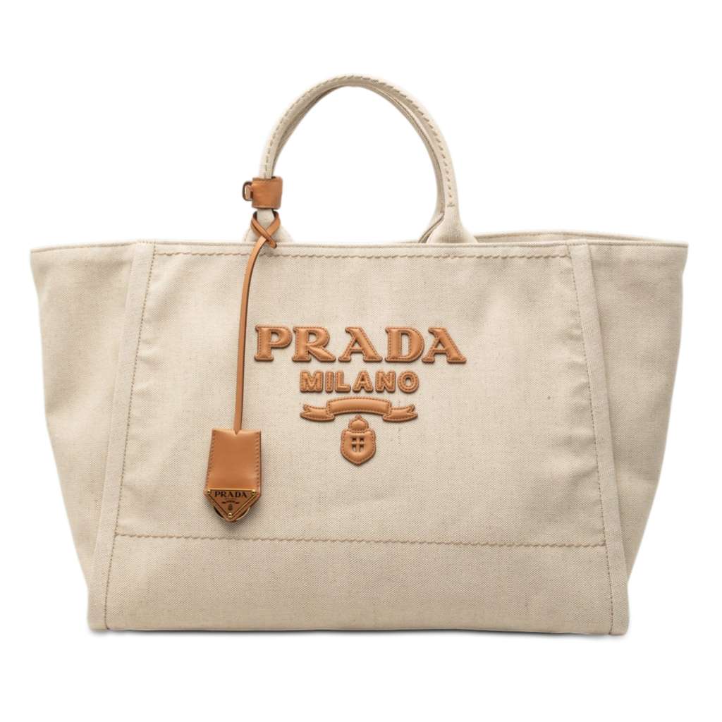 Prada Large Linen and Vitello Logo Tote