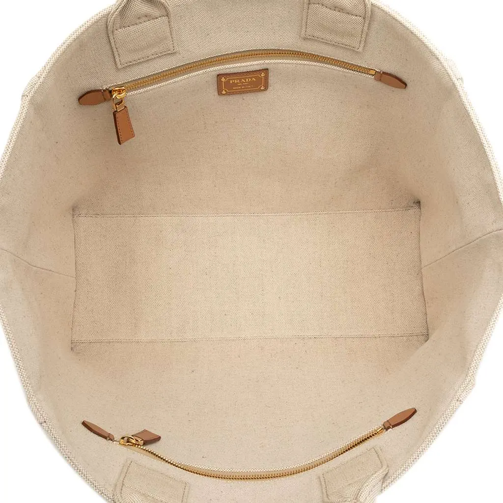 Prada Large Linen and Vitello Logo Tote Beige Very good - Model View