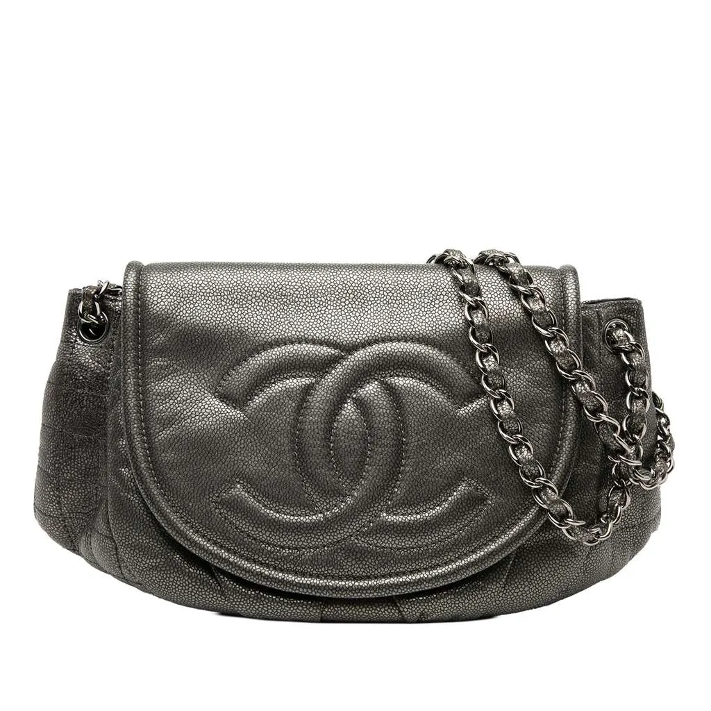 Chanel Large Metallic Caviar Half Moon Flap Grey Leather Very good - Front View