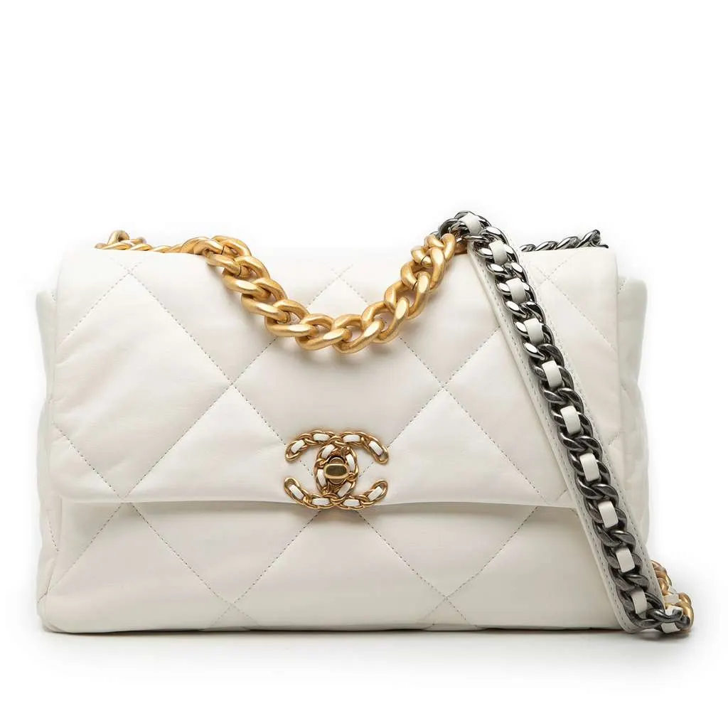 Chanel Large Lambskin 19 Flap White Leather Very good - Front View