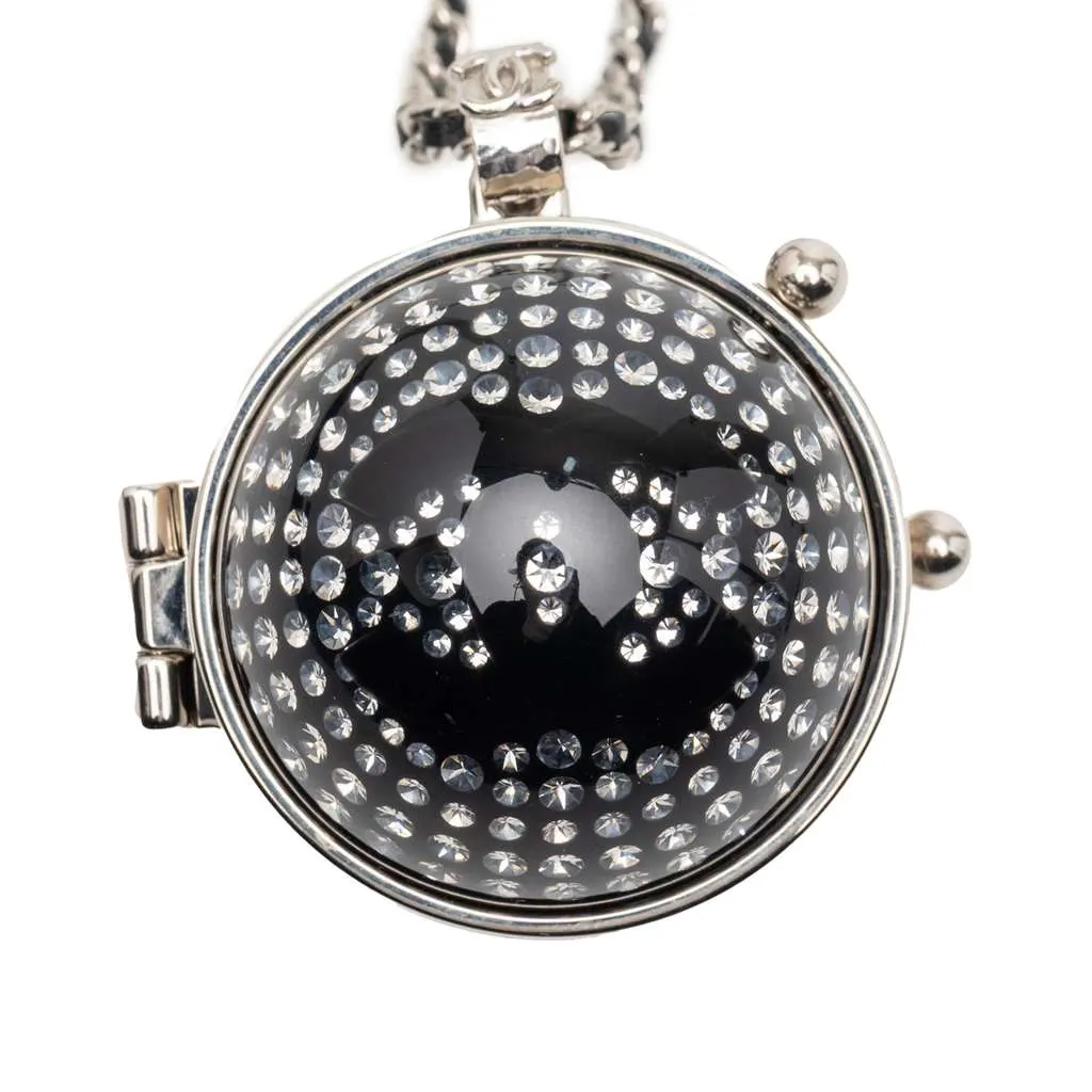 Chanel CC Silver Plated Lambskin Woven Resin Crystal Mirror Ball Pendant Necklace Silver Metal Very good - Front View