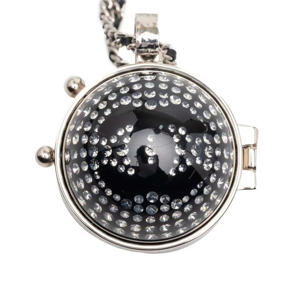 Chanel CC Silver Plated Lambskin Woven Resin Crystal Mirror Ball Pendant Necklace Silver Metal Very good - Back View