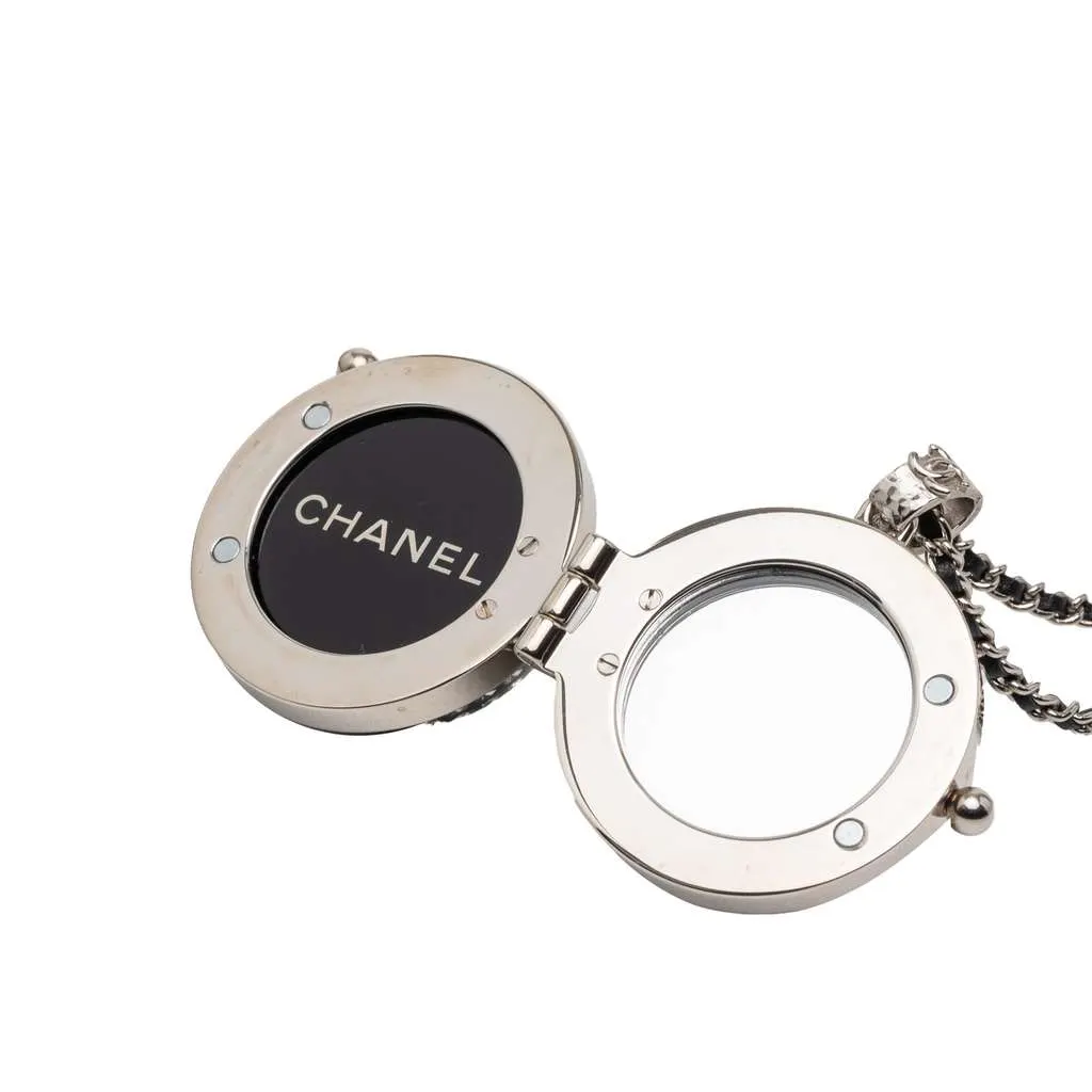 Chanel CC Silver Plated Lambskin Woven Resin Crystal Mirror Ball Pendant Necklace Silver Metal Very good - Inside View