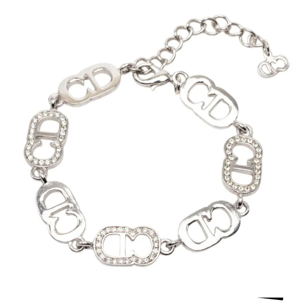 Dior Silver Plated Rhinestone CD Logo Link Bracelet Silver Metal Very good - Front View
