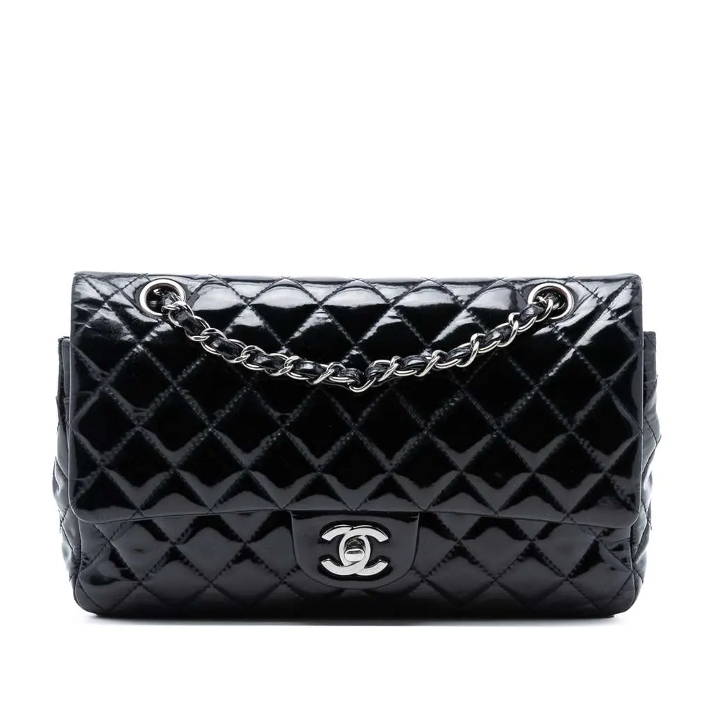 Chanel Medium Classic Patent Double Flap Black Leather Very good - Front View