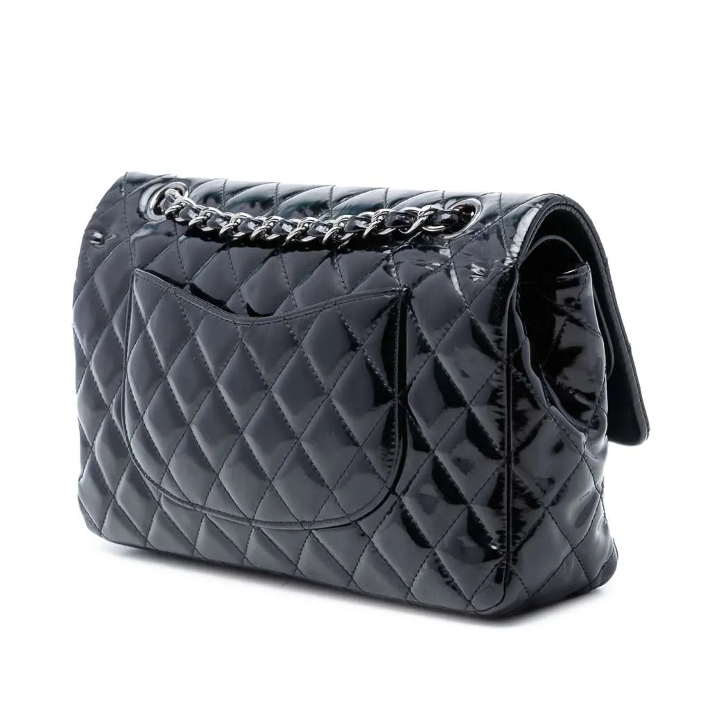 Chanel Medium Classic Patent Double Flap Black Leather Very good - Back View