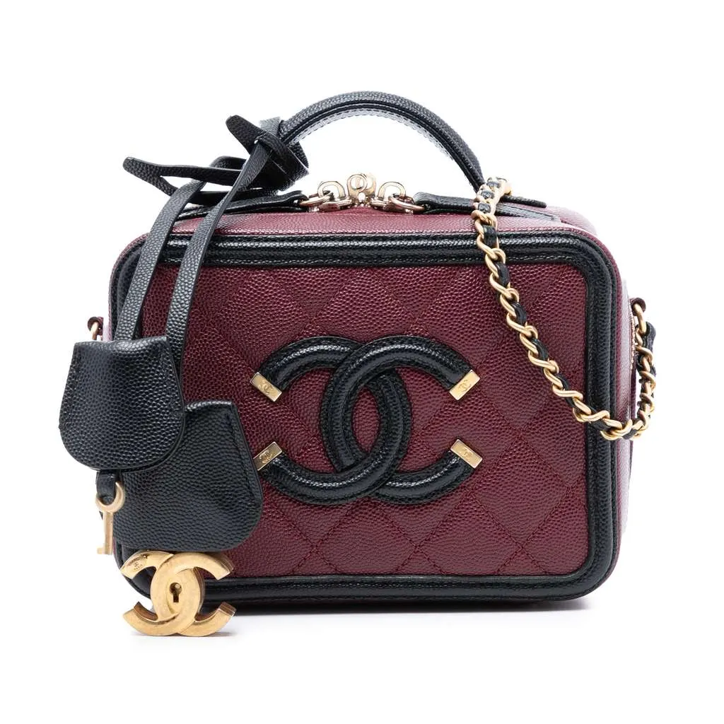 Chanel Small Bicolor Caviar CC Filigree Vanity Case Red Leather Very good - Front View