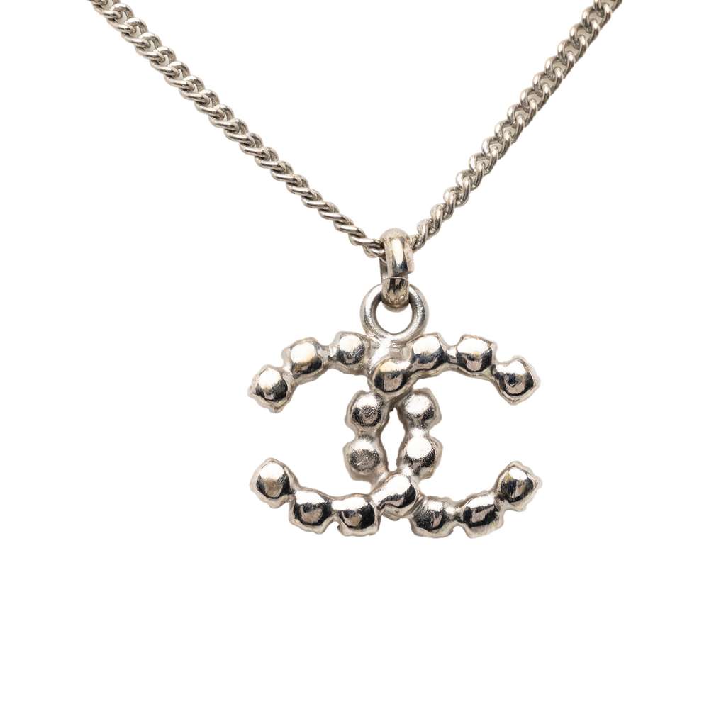 Chanel CC Silver Plated Rhinestones Pendant Necklace Silver Metal Good condition - Back View