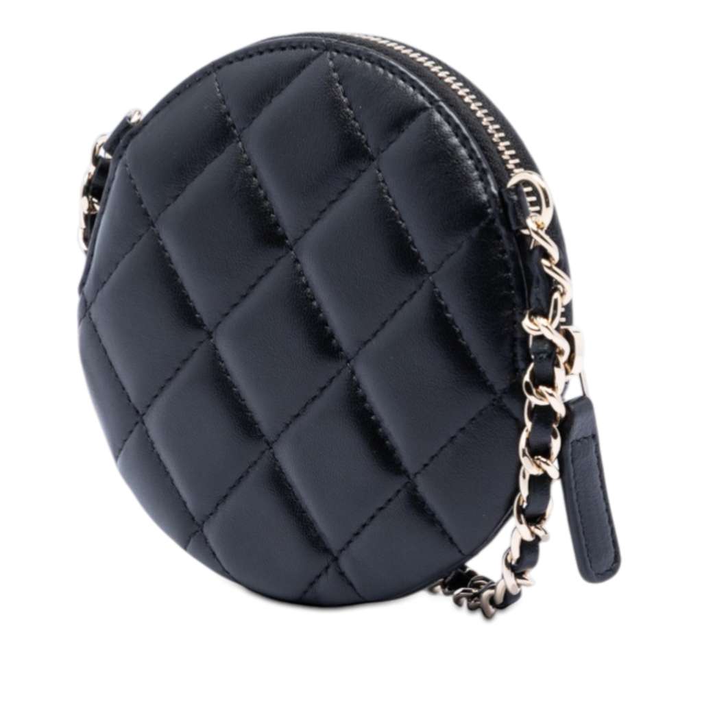 Chanel Mini CC Lambskin Camellia Bouquet Round Clutch on Chain Black Leather Good condition - Back View