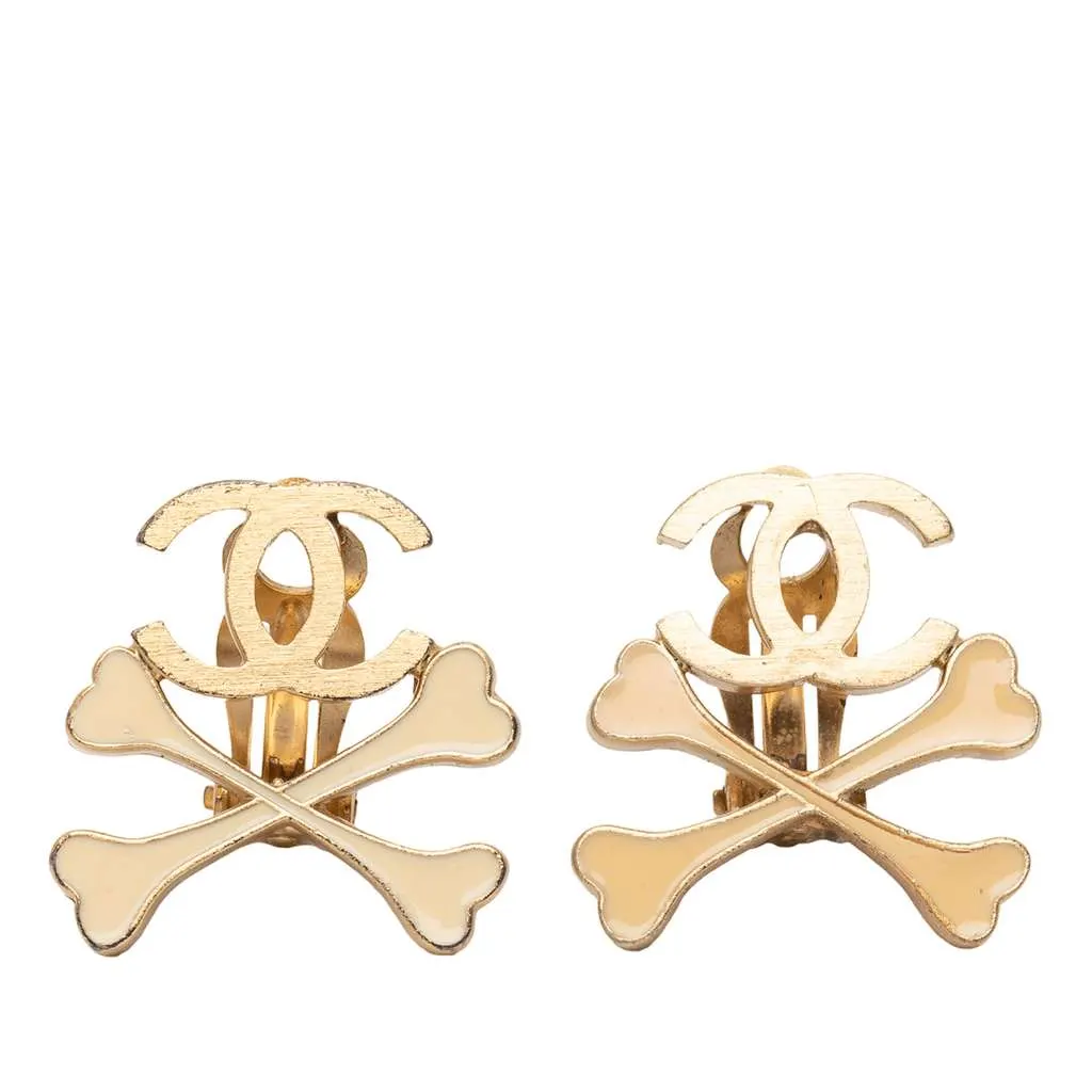 Chanel Gold Plated CC Lacquered Crossbones Clip On Earrings Gold Metal Very good - Front View