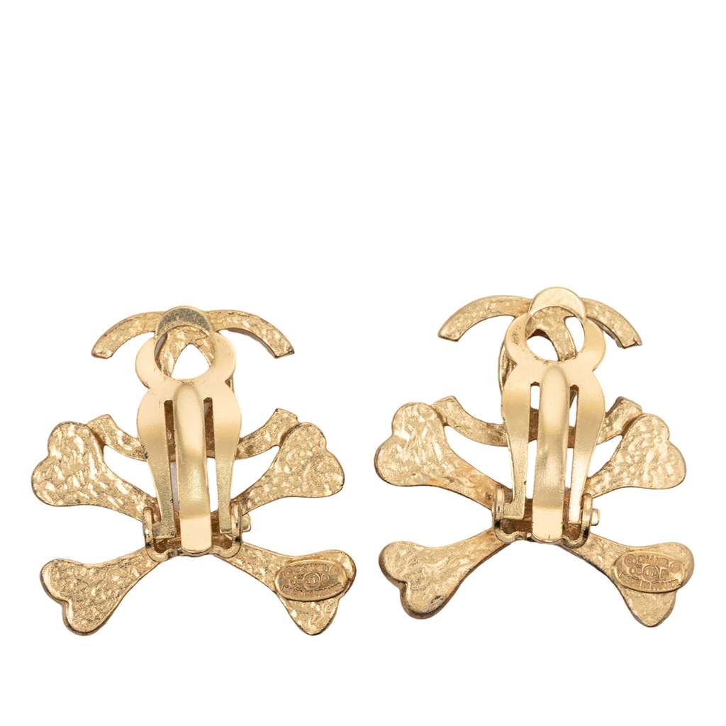 Chanel Gold Plated CC Lacquered Crossbones Clip On Earrings Gold Metal Good condition - Back View