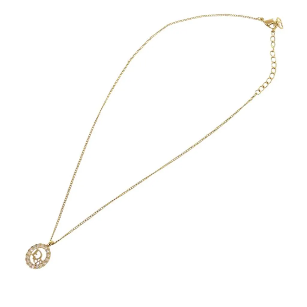 Dior Gold Plated Logo Rhinestones Pendant Necklace Gold Metal Very good - Front View