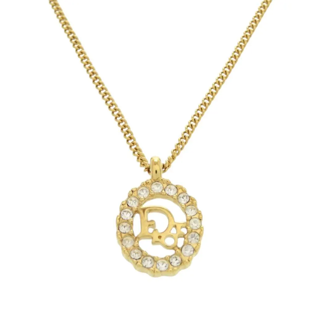 Dior Gold Plated Logo Rhinestones Pendant Necklace Gold Metal Very good - Back View