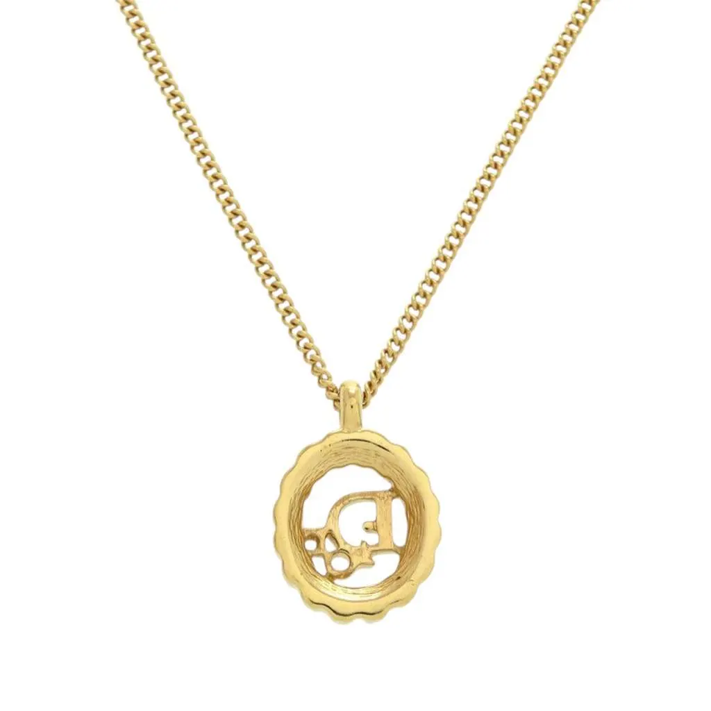 Dior Gold Plated Logo Rhinestones Pendant Necklace Gold Metal Very good - Inside View