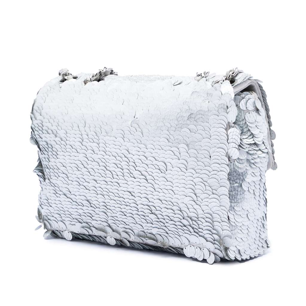 Chanel Small Paillettes Sequin Single Flap Silver Satin Fair condition - Back View
